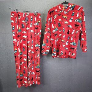 Vera Bradley Jammies Small Holiday Cats Red Fleece Pajamas Hoodie & Pants Set